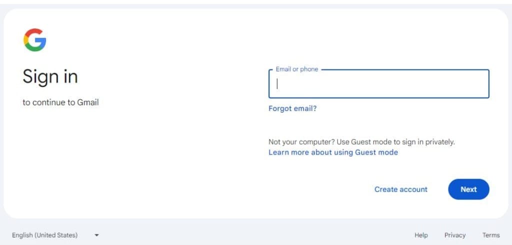 gmail login page