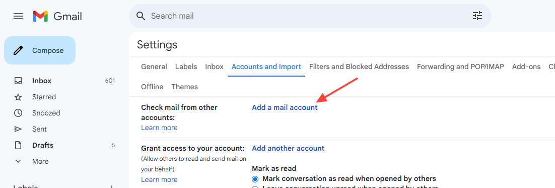 gmail settings account and import page