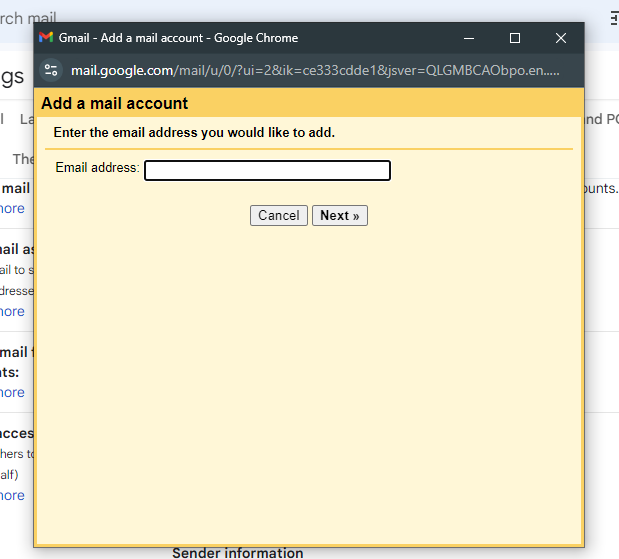 new tab to add a mail account from other email address to Gmail