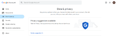 google account data and privacy settings page