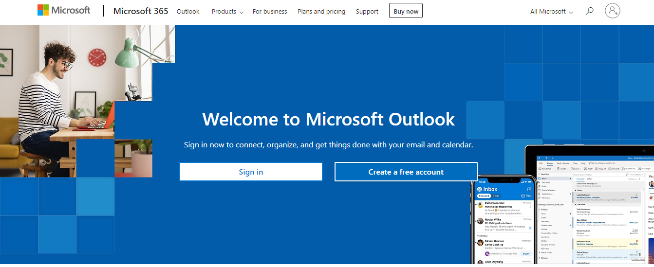 A screenshot of the Outlook.com homepage with the 'Create free account' button highlighted