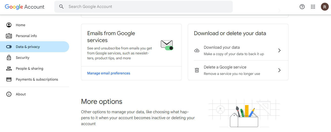 google account data and privacy page 