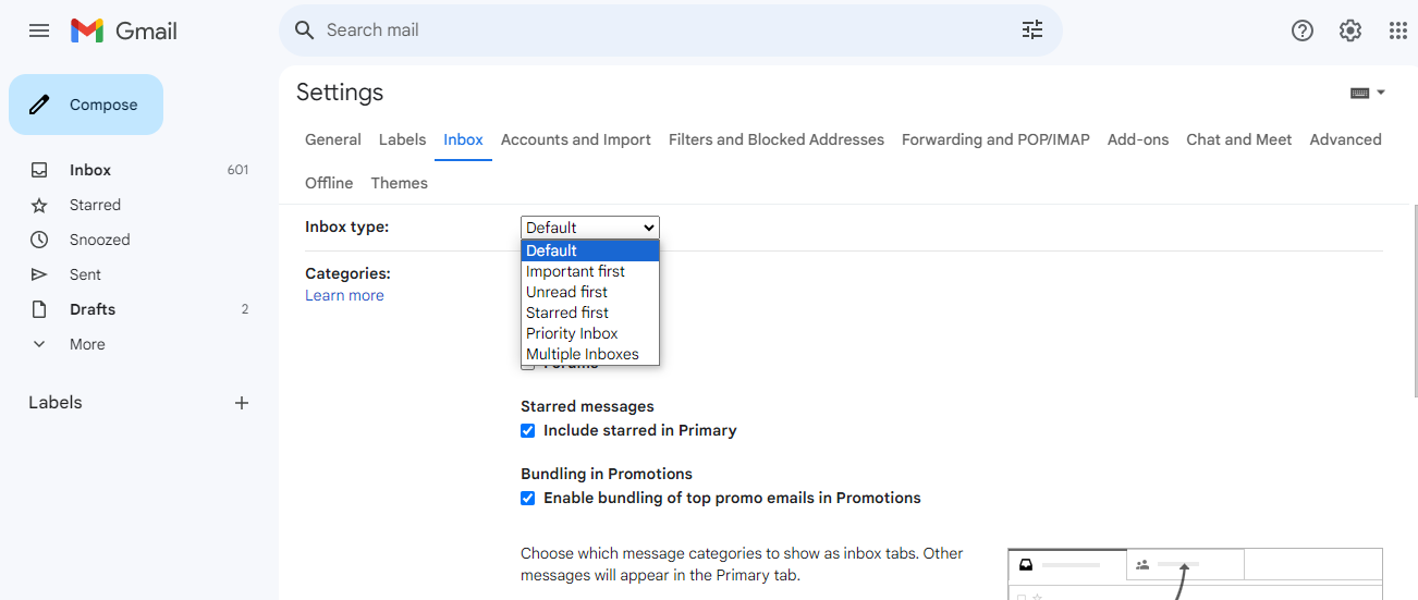 Screenshot of Gmail settings page where users can adjust their inbox preferences