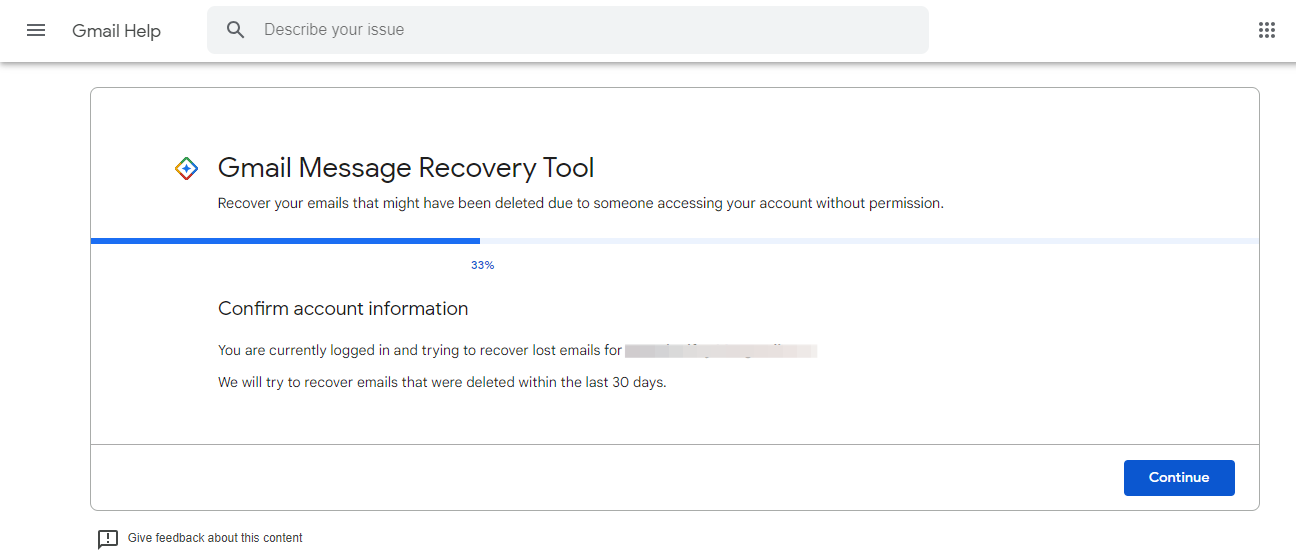 Gmail message recovery tool page