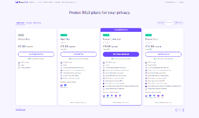 proton mail free and paid plans selection page