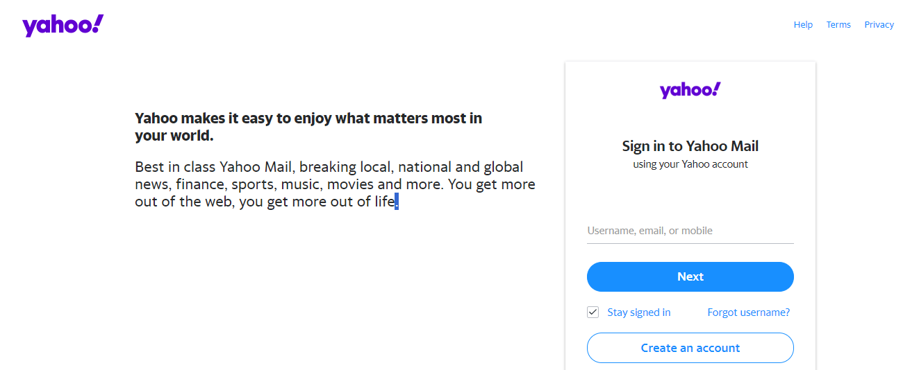 yahoo mail sign in page interface