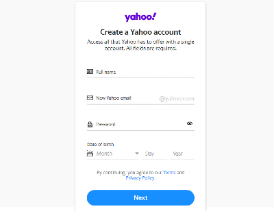 yahoo sign up page interface to create yahoo mail account