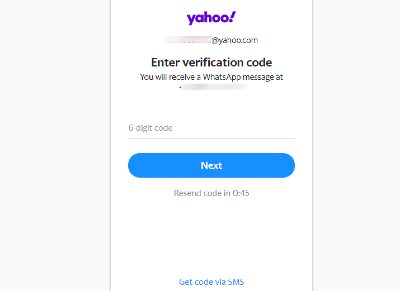 yahoo mobile number verification page