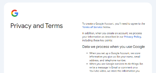 google privacy and terms page