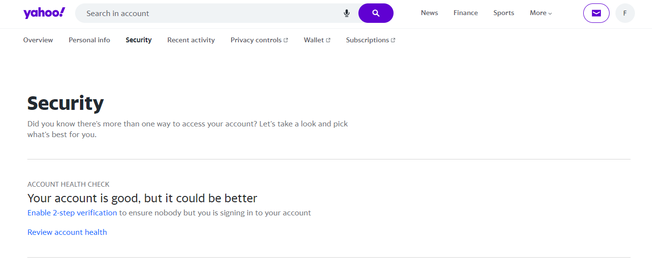 yahoo mail security settings