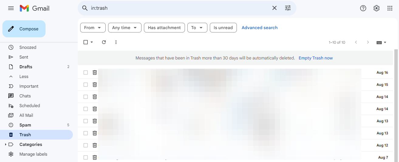 gmail trash folder page interface