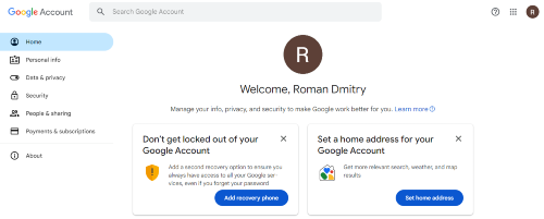 google account first setup page