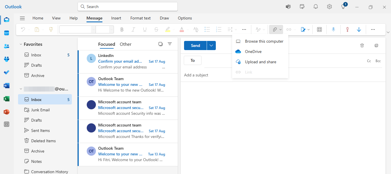 outlook new email and attach file window page interface