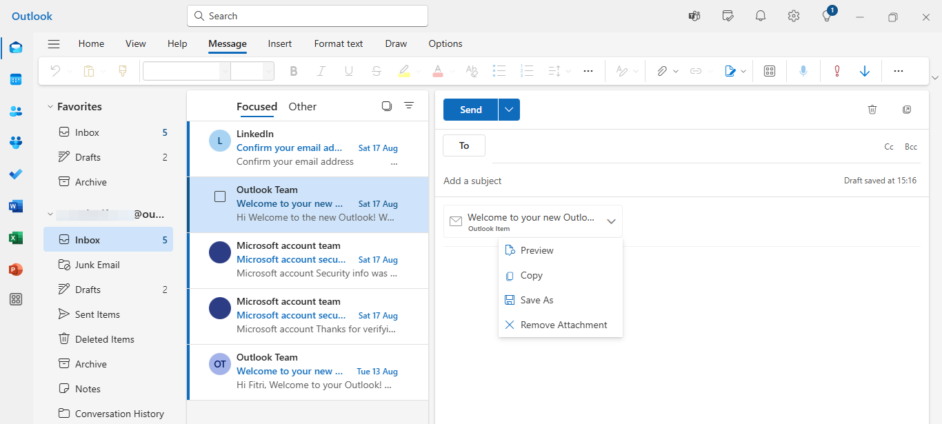 save email as an attachment with Outlook by clicking Save As option